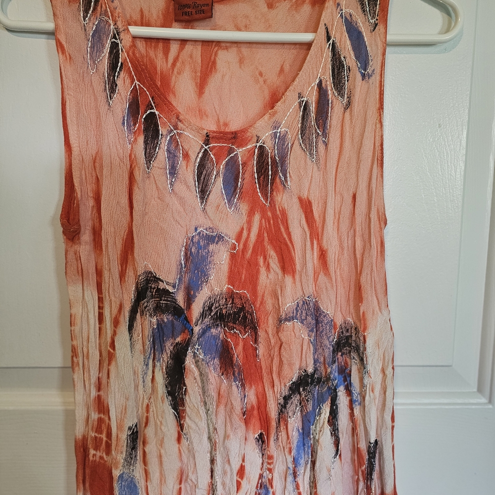 Red Tropical Sleeveless Boho Hippie Dress with Palm Tree Design OSFM - Picture 2 of 6